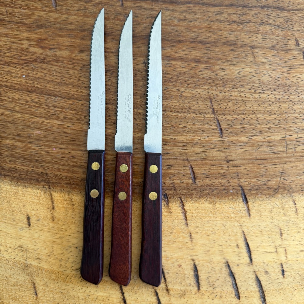 Hanford Forge Steak Knives Set of 3 Serrated Stainless Japan Wood Handle Brass